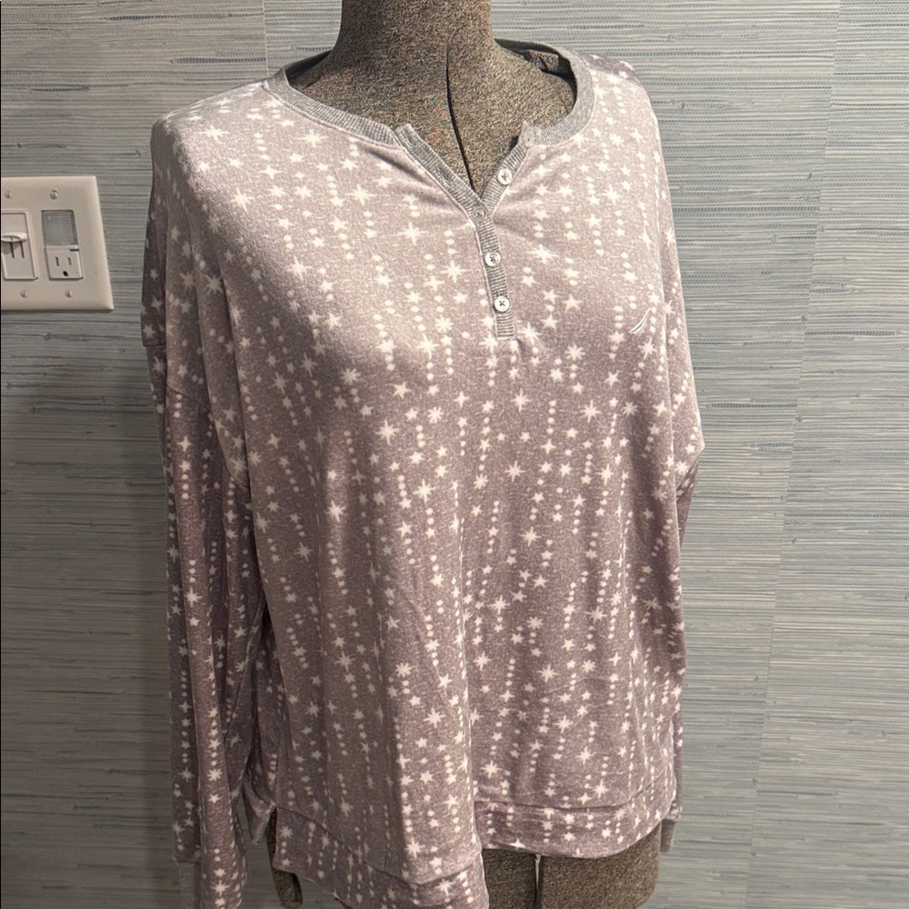 Nautica Starry Print Henley Blouse - Light Grey Fleece